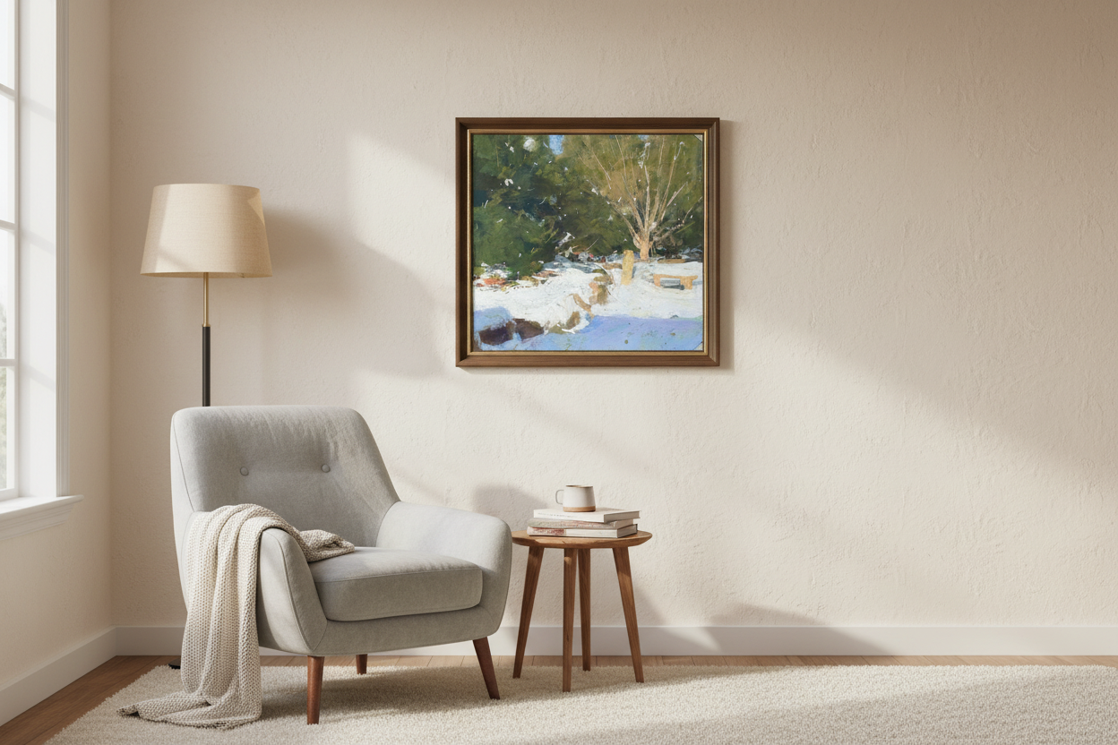 Sanctuary winter painting in cozy interior